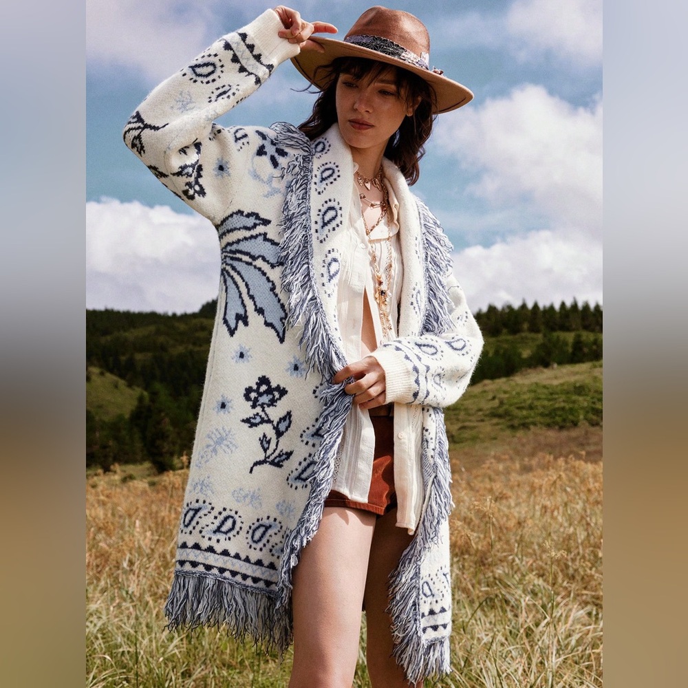 Fringe knit cardigan blanket sweater cowgirl western paisley floral bohemian